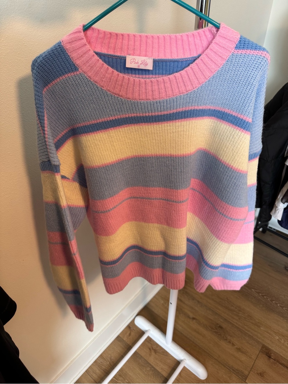 Pink Lily pastel multi-striped crewneck knit sweater size Medium
